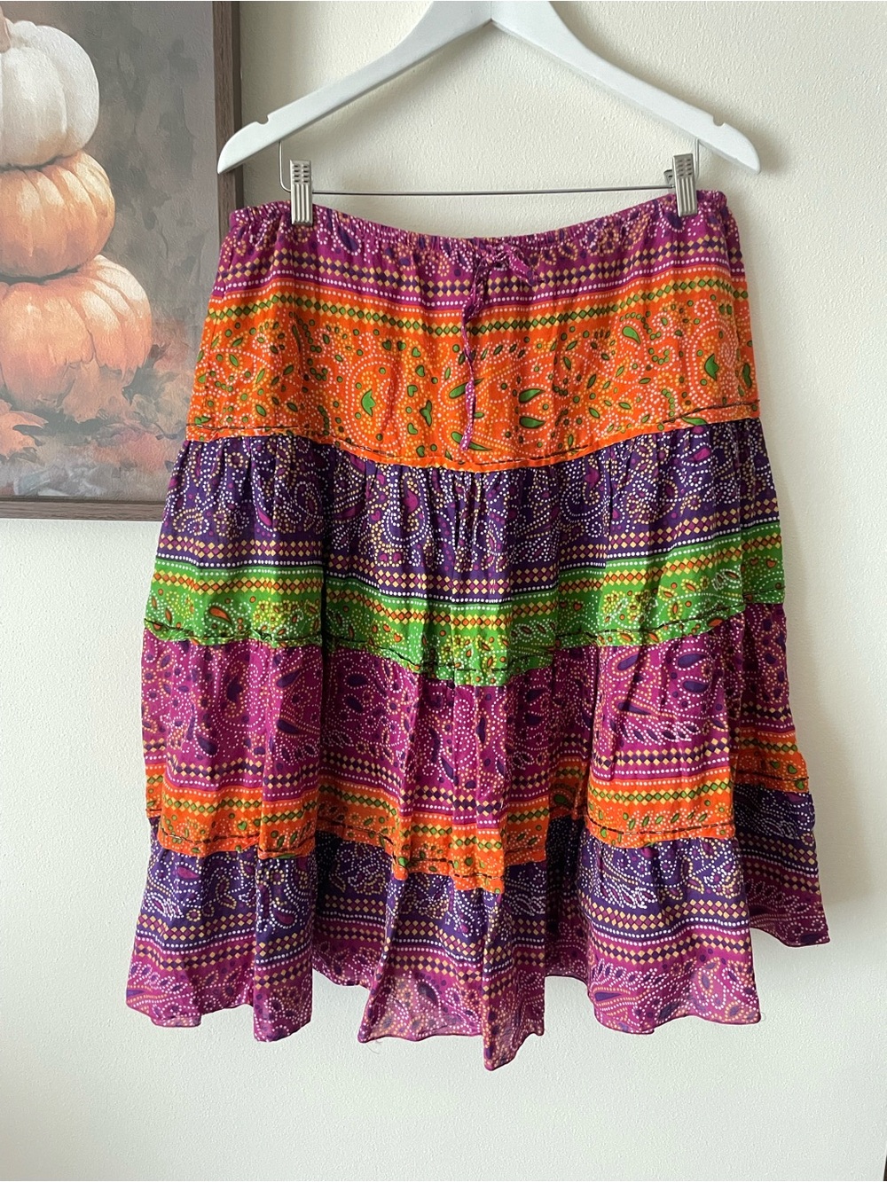 Relativity Y2K Colorful Tiered Printed Bandhani Paisley Midi Skirt XL